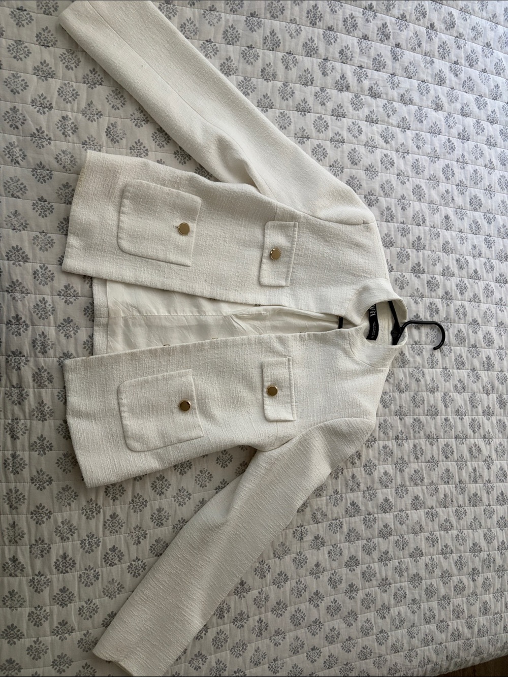 Zara White Textured Collarless Blazer with Gold Buttons